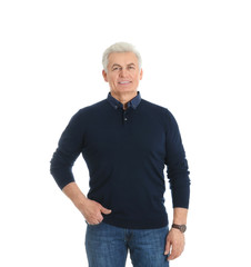 Portrait of handsome mature man on white background