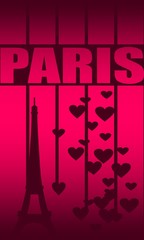 Eiffel tower in Paris. Contour silhouette striped backdrop with hearts icons
