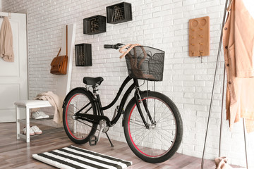 Stylish hallway interior with modern bicycle. Hipster design