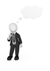 3d businessman thinking with thought cloud above his head.