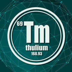 Thulium chemical element. Sign with atomic number and atomic weight. Chemical element of periodic table. Molecule And Communication Background. Connected lines with dots.