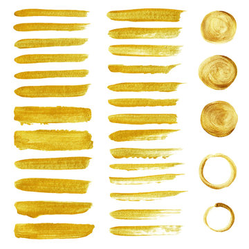 Golden stripes patch hand painted isolate on white background. Set of  watercolor golden stroke brush and circle hand paint. Vector illustration.