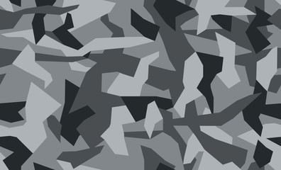 Camouflage pattern background. Classic clothing style masking camo repeat print. Black grey white colors winter ice texture.