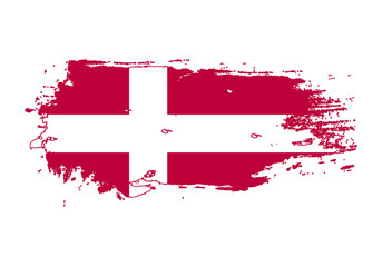 Grunge brush stroke with denmark national flag. Watercolor painting flag. Symbol, poster, banner of the national flag. Vector Isolated on white background.