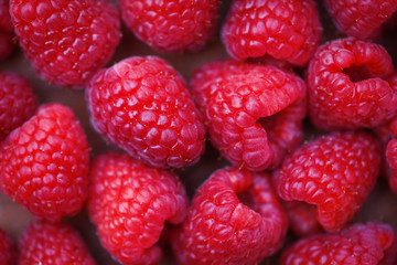 Fresh raspberry texture / Close up red raspberries fruit background top view