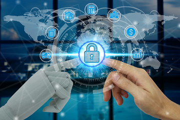 Robot and human hands with touching virtual padlock icons on technology background, Artificial...