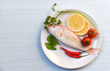 Seafood fish plate lemon parsley chilli and tomato on white plate table