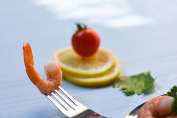 Shrimp on fork / Cooked seafood shrimps prawns ocean gourmet dinner