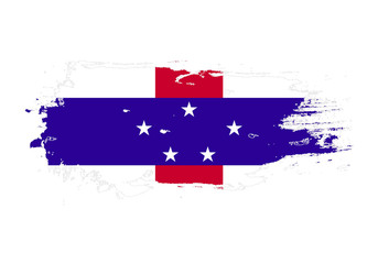 Grunge brush stroke with Netherlands Antilles national flag. Watercolor painting flag. Symbol, poster, banner. Vector Isolated on white background.