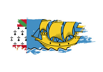 Grunge brush stroke with Saint Pierre and Miquelon national flag. Watercolor painting flag. Symbol, poster, banner. Vector Isolated on white background.