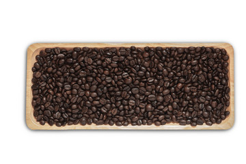 top view coffee bean on wood plate isolated.