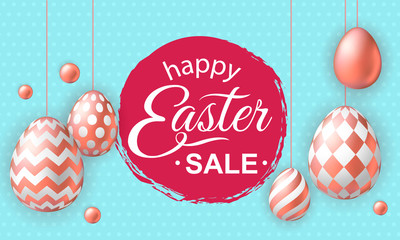 Happy Easter banner with realistic pink golden eggs