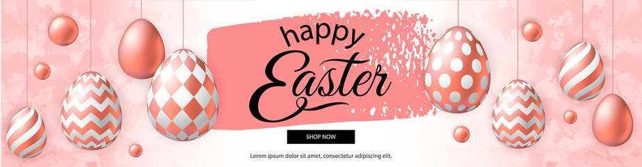 Fototapeta premium Happy Easter banner with realistic pink golden eggs