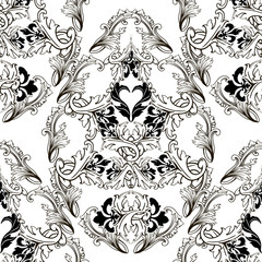 Baroque black and white vintage vector seamless pattern. Ornamental floral background. Antique baroque ornament in Victorian style. Scroll leaves, flowers. Mandala. Decorative repeat Damask backdrop.