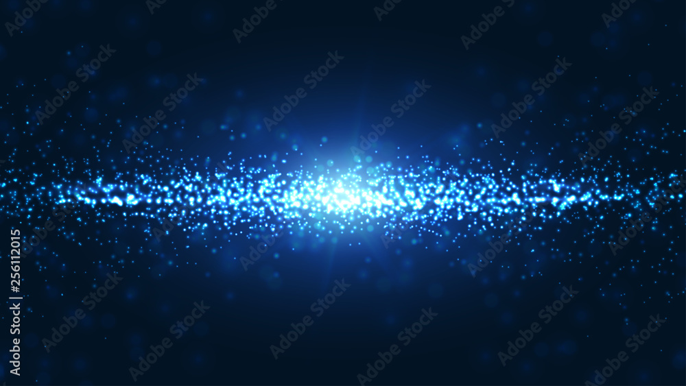 Poster blue wavy and shining abstract particles background. dynamic particle explosions background from the