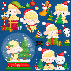 A Vector Set of Cute Sheep Wearing Christmas Stuffs and Decorations