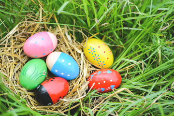 Easter eggs hunt on green grass  outdoors