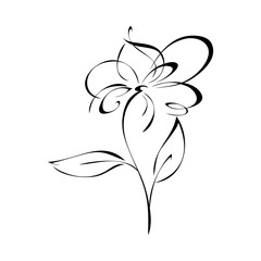 stylized flower on stem with leaf in black lines on white background