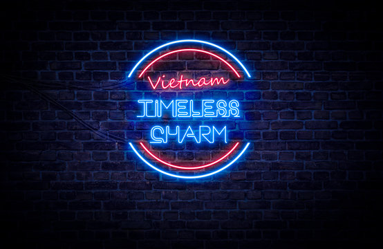 A red and blue neon light sign that reads: Vietnam Timeless Charm