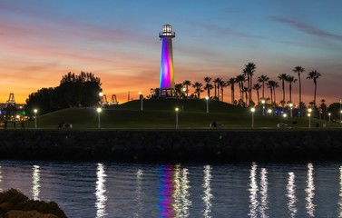 lighthouse at sunset in Long Beach California - obrazy, fototapety, plakaty