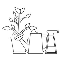 Gardening plants and tools black and white