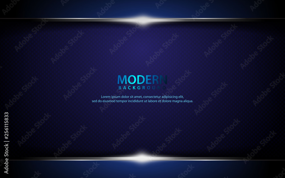 Poster dark blue abstract overlap layers background. texture with silver list and sparkle of light decorati