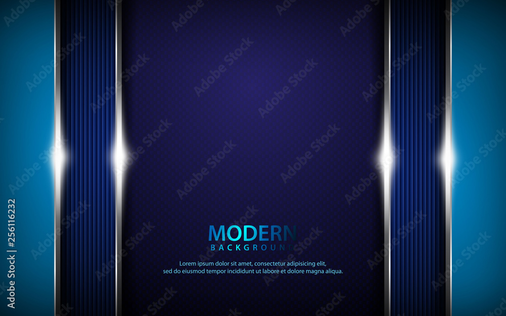 Poster dark blue abstract overlap layers background. texture with silver list and sparkle of light decorati