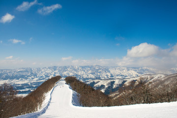Landscape and Mountain view of Nozawa Onsen in winter , Nagano, Japan.