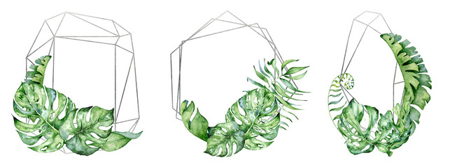 Silver polygonal frame with green tropical leaves © EvgeniiasArt