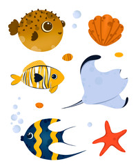 Underwater life elements. Cute ocean animals and corals. Use for postcard, print, packaging, etc. - 256117608