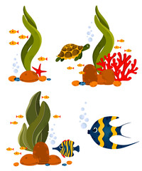 Underwater life elements. Cute ocean animals and corals. Use for postcard, print, packaging, etc. - 256117611
