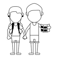 Couple of tourists avatar cartoon in black and white