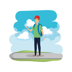 young man with travelbag in the road