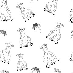 Vector seamless pattern with hand-drawn funny cute fat animals. Silhouettes of animals on a white background. Fun texture with giraffe. Design concept for children print