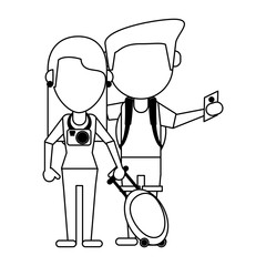 Couple of tourists avatar cartoon in black and white