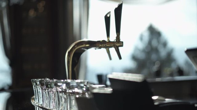 bar counter with beer tap with beautiful Bookeh