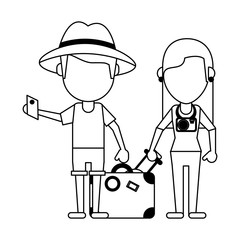 Couple of tourists avatar cartoon in black and white