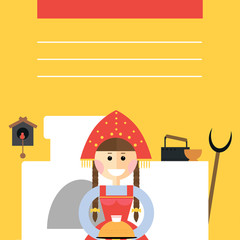 Russian woman next to the stove in the hut. Banner. Russian folk costume. Banner