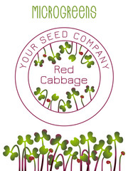 Microgreens Red Cabbage. Seed packaging design, text, vegan food