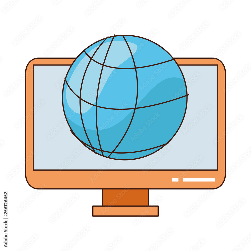 Poster computer screen with global sphere symbol