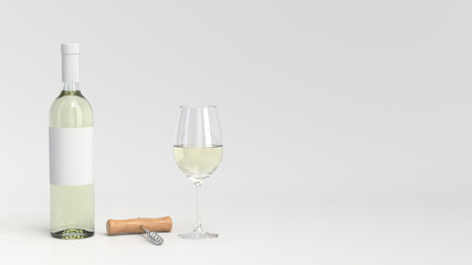 Mockup of bottle of wine with glass and corkscrew