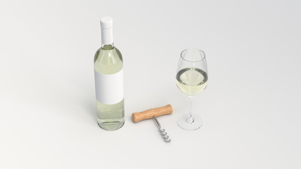 Mockup of bottle of wine with glass and corkscrew