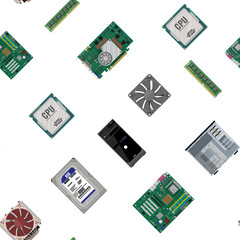 Seamless pattern. Motherboard, hard drive, cpu, fan, graphic card, memory, screwdriver and case. Set of personal computer hardware. PC components icons. Vector illustration in flat style
