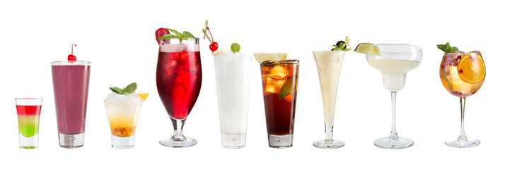 Set with different cocktails on a white background. Isolated.