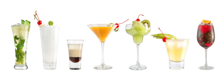 Different cocktails on a white background. Isolated.
