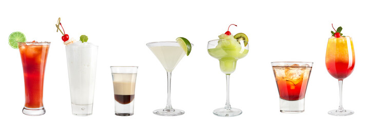 Set of a variety of refreshing cocktails on a white background. Isolated.