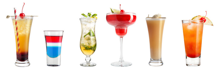 Set of a variety of cocktails decorated with berries and fruits on a white background. Isolated.