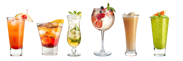 Set of refreshing cocktails decorated with berries and fruits on a white background. Isolated.