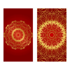 Vintage Cards With Floral Mandala Pattern. Vector Template. The Front And Rear Side. Red gold luxury color
