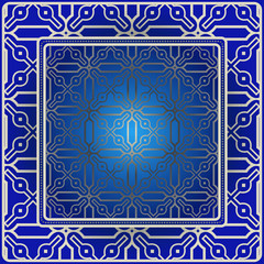Obraz premium Decorative Colorful Geometric Ornament With Decorative Border. For Fashion Print, Bandanna, Tablecloth, Neck Scarf. Blue silver color
